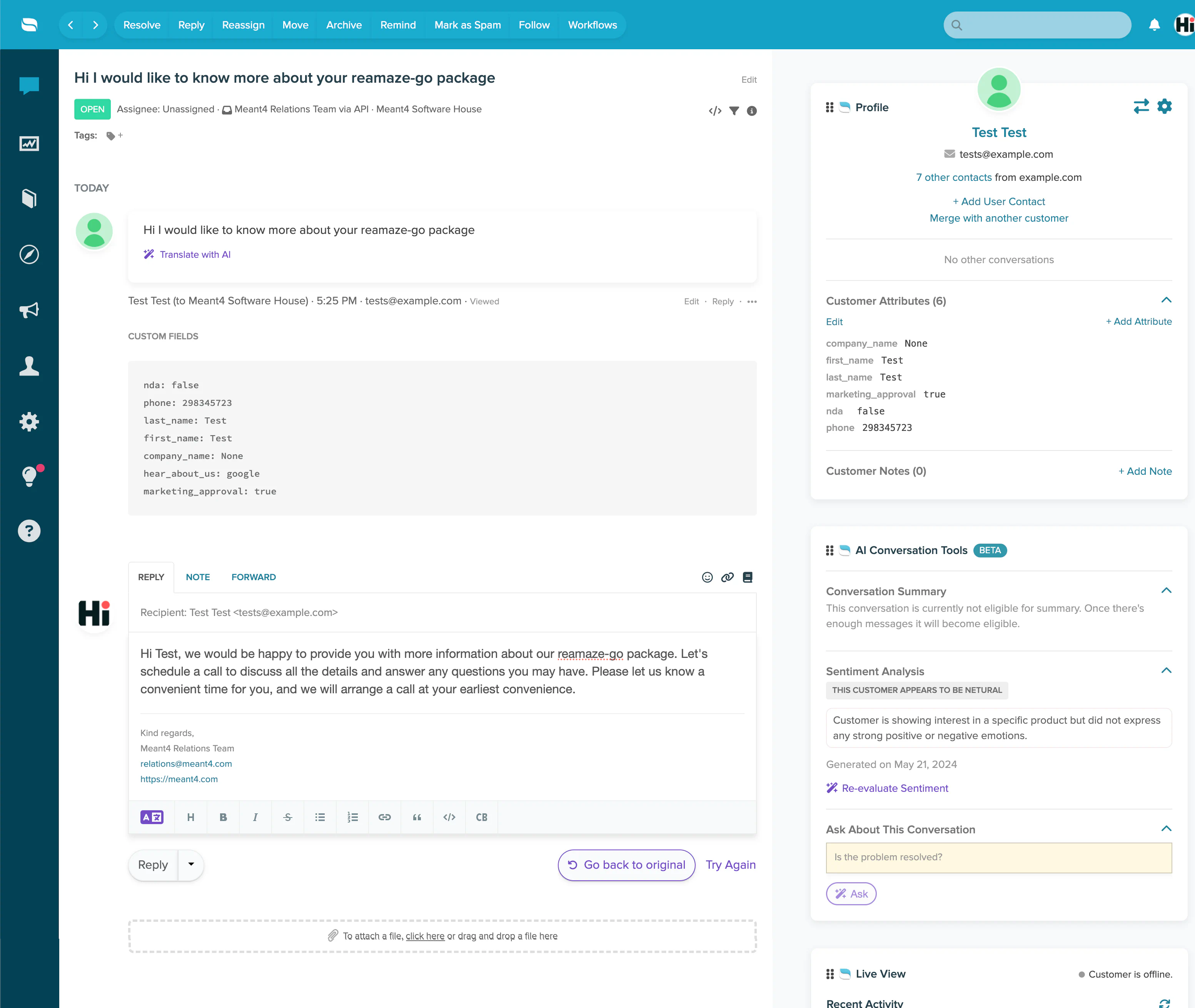 Sample json data presented in Reamaze